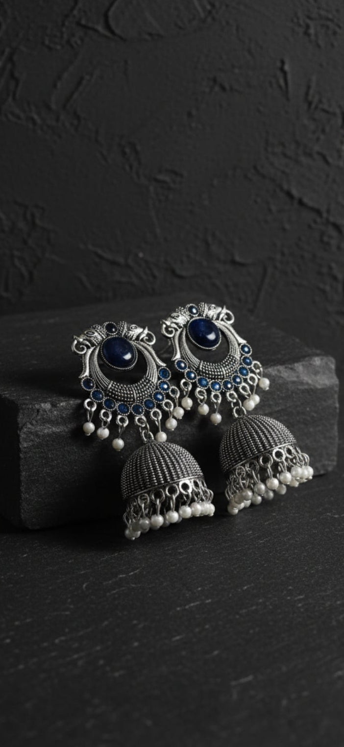 Blue stone oxidised jhumka