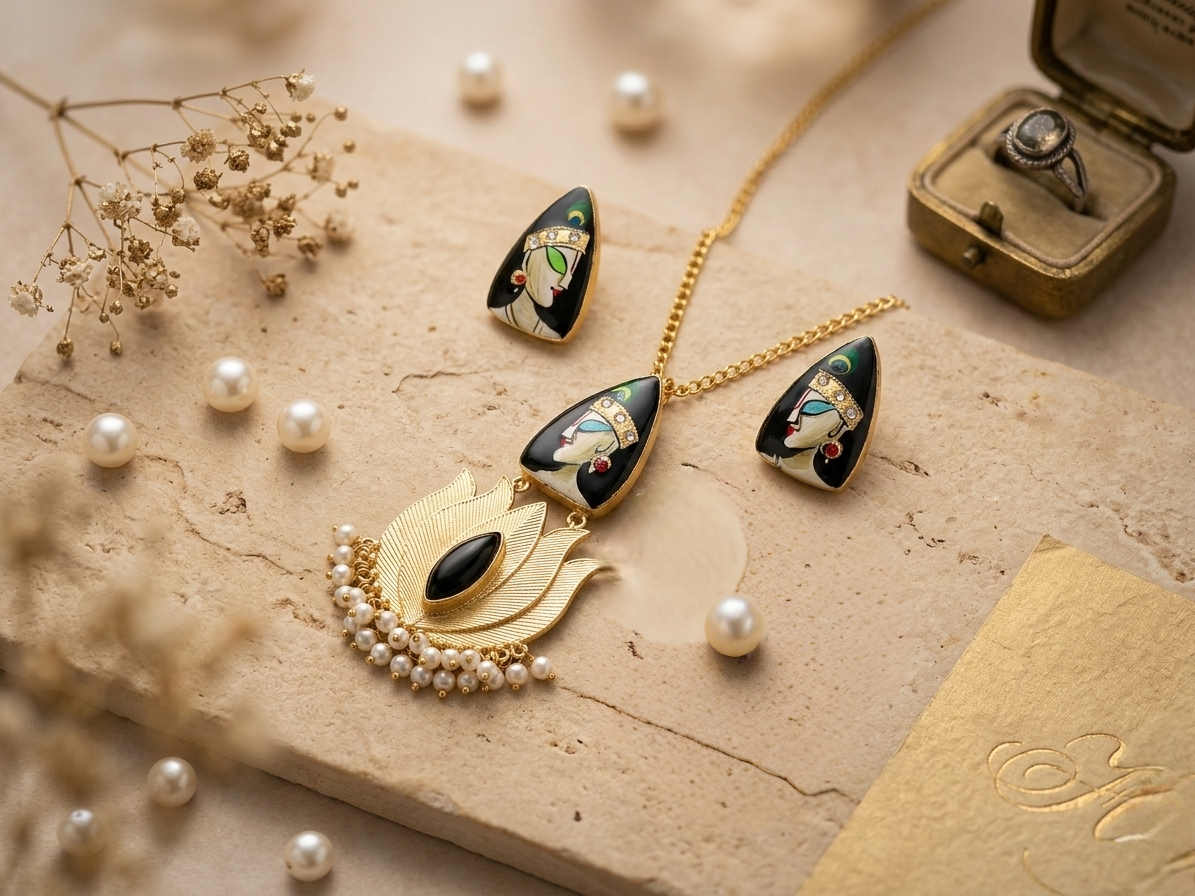 Hand painted lotus necklace with earrings