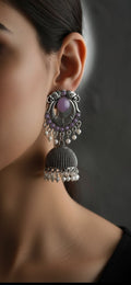 Lavender stone oxidised jhumka