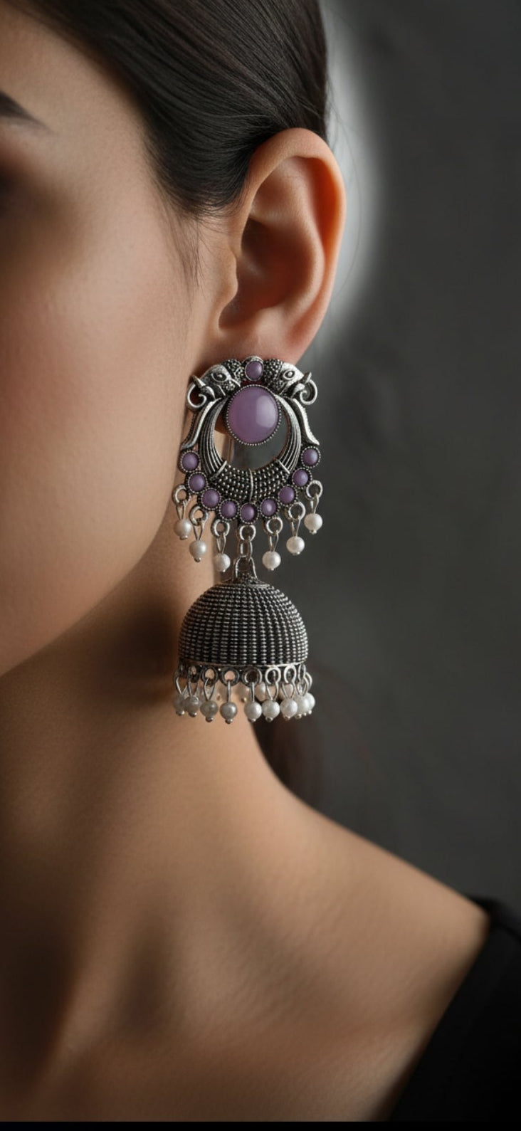 Lavender stone oxidised jhumka